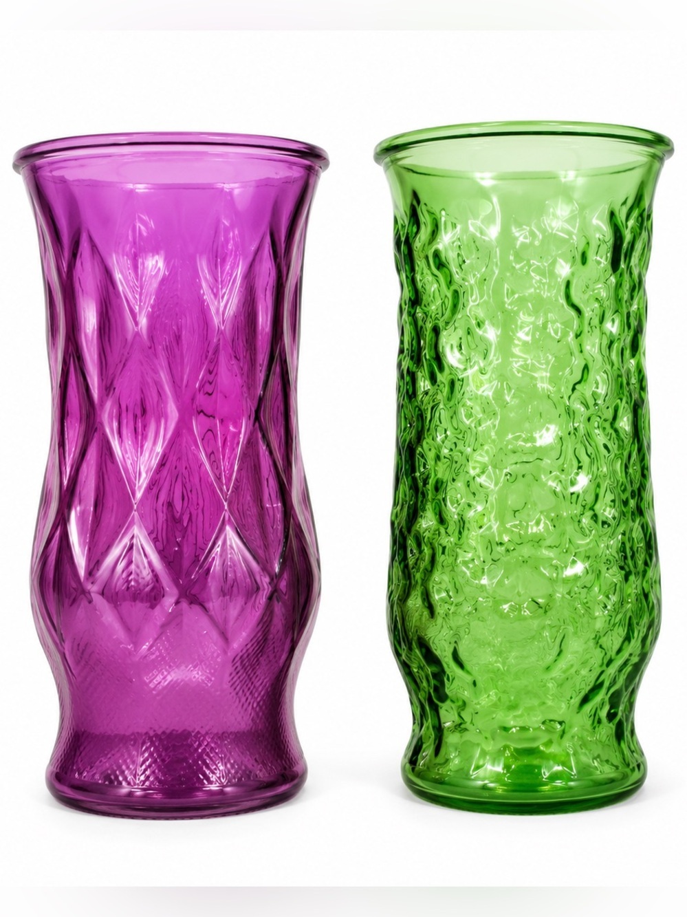 MCM Green and Purple Colored Crinkle Glass Vases Set